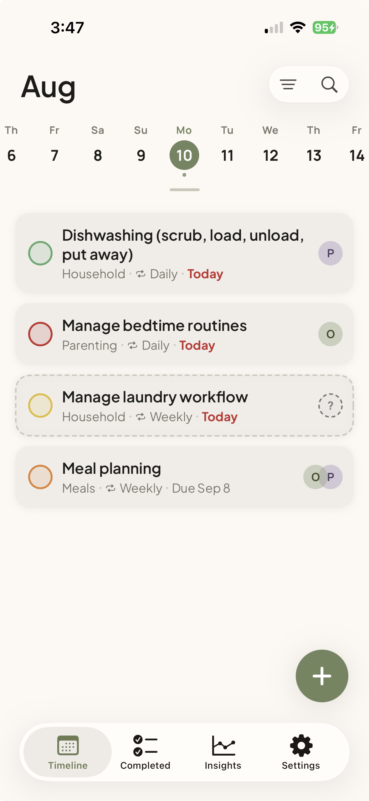 The Equalus Today screen: a list of household tasks such as dishwashing, bedtime routines, and meal planning, each showing its category, schedule, and which partner it's assigned to.